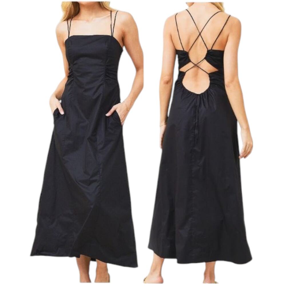 Frame Black Cotton Tie Back Cut Out Midi Dress Adjustable Straps Size Large NWOT
